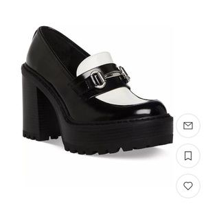 Madden Girl Black & White Platform Loafers with Silver Buckle - Women’s Size 8.5